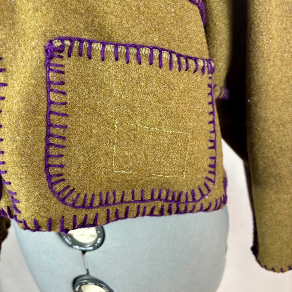 Handmade Hooded Cropped Jacket from Army Green‎ Blanket Button Front Pockets | L - Picture 8 of 16